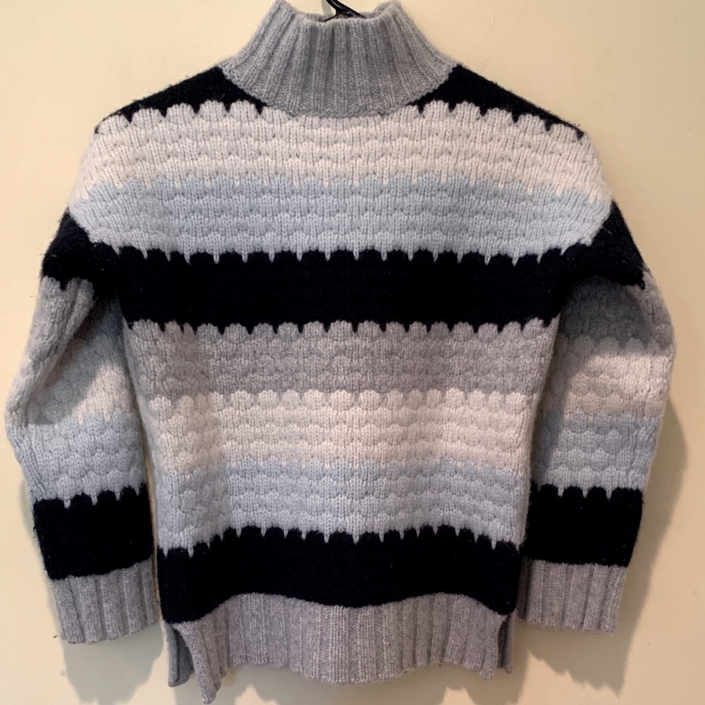 Merino Wool Sweater High Neck Scalloped Design Blue and Gray XS